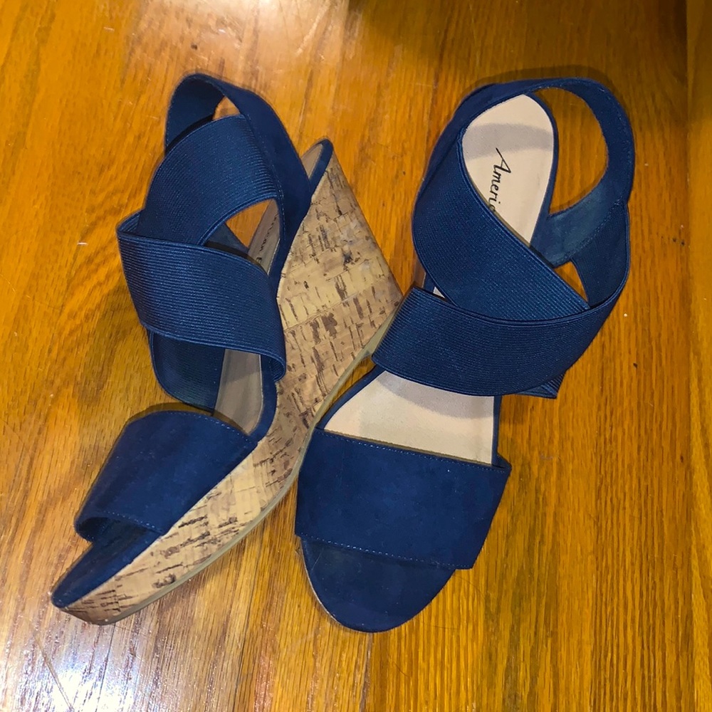 American Eagle by Payless, size 10, the color is navy blue with tan wedges.